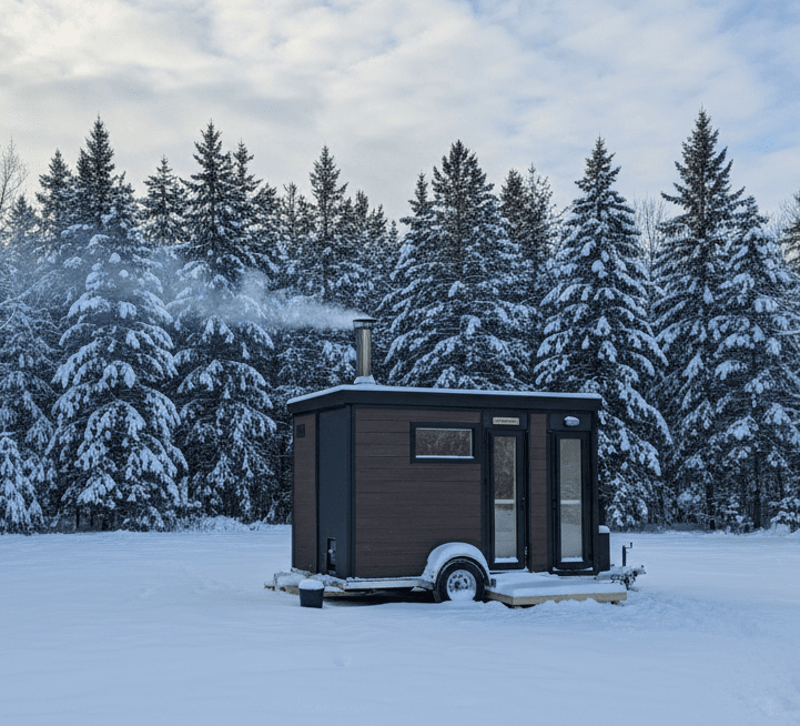 Suomi mobile sauna exterior in a snowy Finnish-style winter landscape