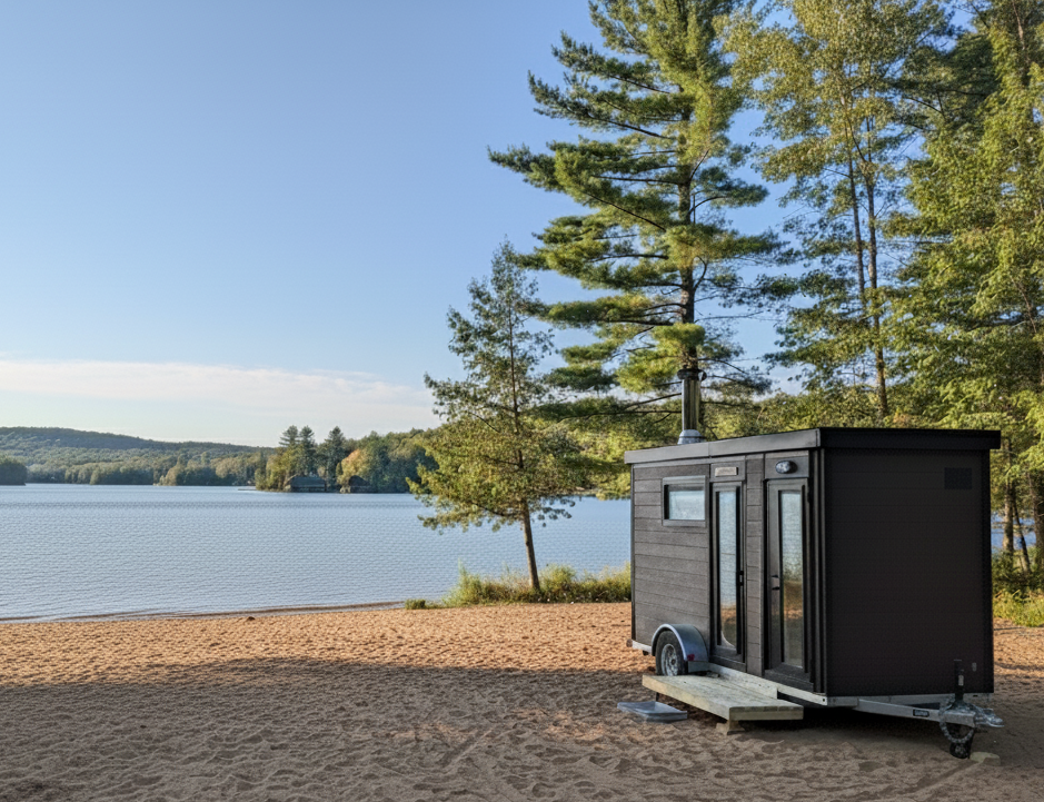 Wood-burning Suomi mobile sauna delivered lakeside